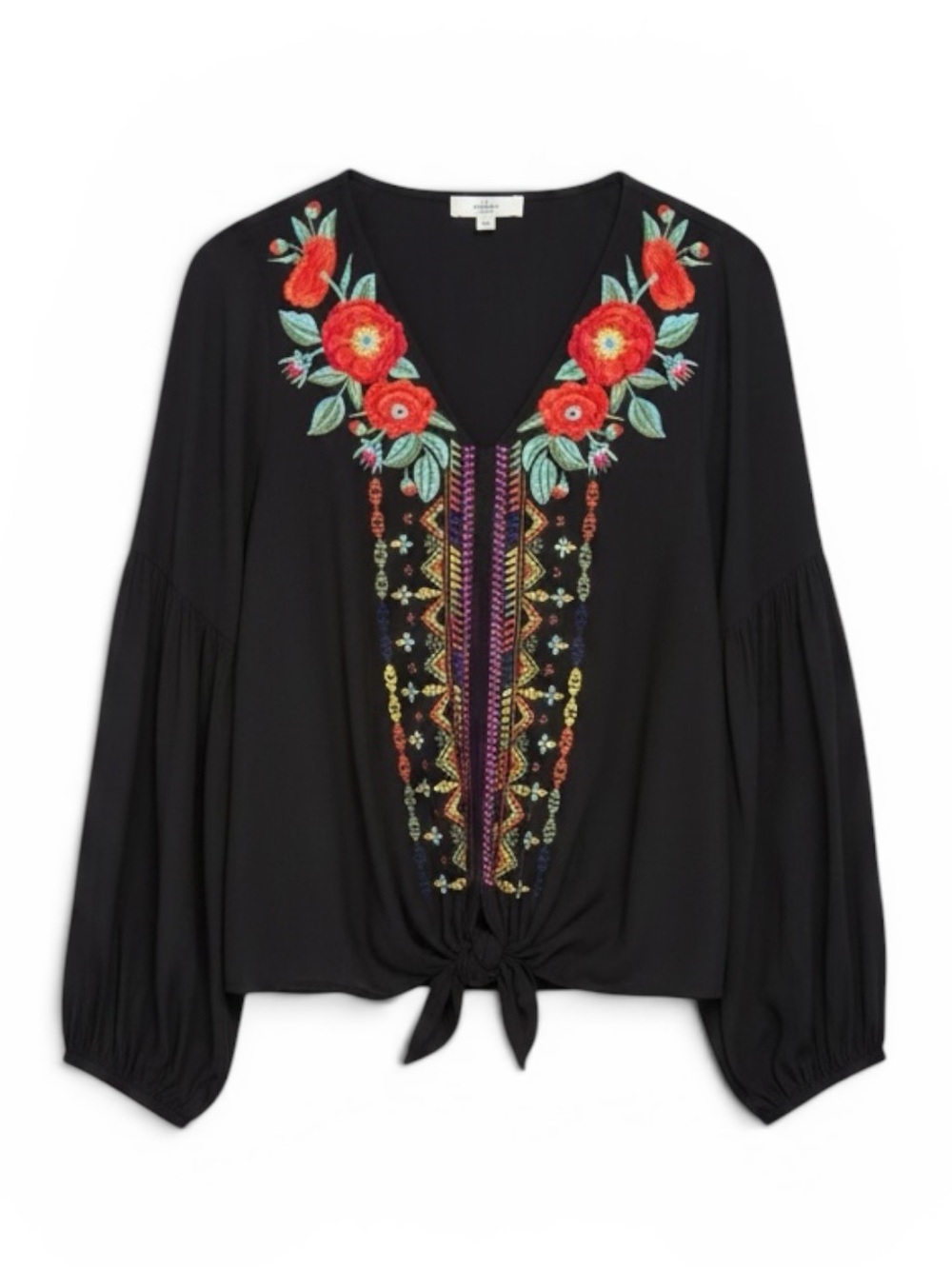 Entro Black Long Sleeve Tie Front Embroidered V-Neck Boho Top Size Small